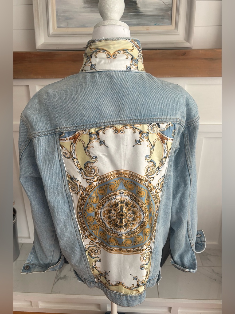 Custom Denim- Blue oversized denim baroque satin Scarf inset on back Sz M